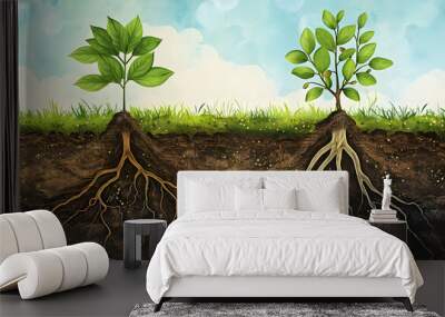 Illustration of two plants with visible roots in soil, showcasing root structures and plant growth above ground in a natural environment. Wall mural