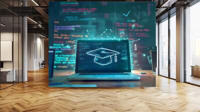 Laptop with a graduation cap hologram over it, representing online education and digital learning in a technological environment. Wall mural