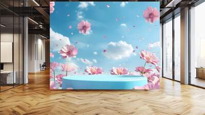 Pink flower petals with blue podium on sky background, summertime background for shop window, products, postcards Wall mural