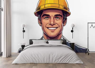 Smiling construction worker in a hard hat and suit, showcasing professionalism and confidence in the engineering field. Wall mural