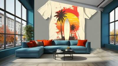 Stylish t-shirt with a tropical design featuring palm trees and a surfing board against a sunset backdrop. Ideal for summer beachwear. Wall mural