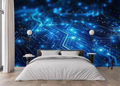 A blue and white computer circuit board with many small blue lights Wall mural