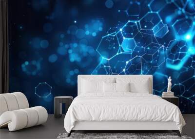 A blue background with a lot of hexagons and dots Wall mural