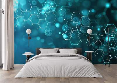 A blue background with a lot of hexagons and dots Wall mural