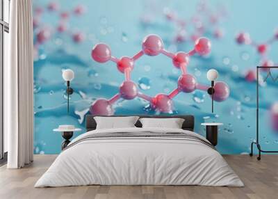 A cluster of red and pink molecules are floating on a blue surface Wall mural