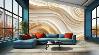 A gold and white abstract painting with a wave pattern Wall mural