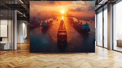 A large ship is sailing through a body of water with a sunset in the background. The scene is peaceful and serene, with the sun setting behind the ships Wall mural