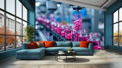 A line of pink bottles with pills inside of them Wall mural