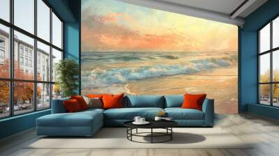 A painting of a beach with a beautiful sunset in the background Wall mural