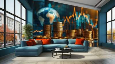 A pile of gold coins sits on a table next to a graph of stock prices Wall mural