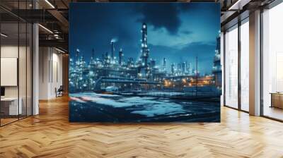 factory, background, construction industry, pipeline, construction, industry, artificial, industrial building, building, manufacture. background image is construction industry building on night sky. Wall mural