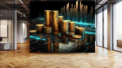 finance, business, coin, economy, money, financial, currency, investment, growth, profit. investment benefits surrounded by coins and banknotes building financial via candle stick with dollar sign. Wall mural