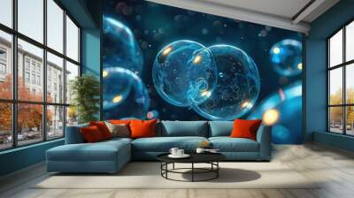 The image is of two bubbles that are floating in the air. The bubbles are surrounded by other bubbles, creating a sense of depth and movement. Scene is playful and whimsical Wall mural