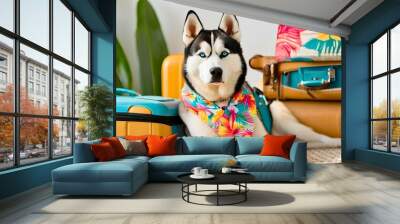 Picture a Siberian Husky dressed in a vibrant Hawaiian shirt, ready for an adventure. With its playful attire and excited demeanor, this scene perfectly captures the spirit of fun and exploration. Whe Wall mural