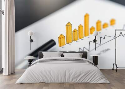 A black marker pen rests on a piece of paper with a hand-drawn bar graph showing upward growth. Wall mural