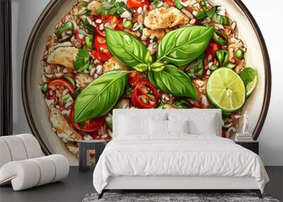 A bowl of chicken and rice with tomatoes, basil and lime.  A healthy and delicious meal. Wall mural