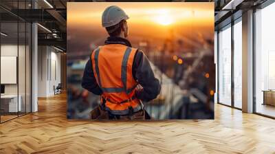 A construction worker in safety gear gazes at a stunning sunset, embodying hard work and dedication in the building industry. Wall mural