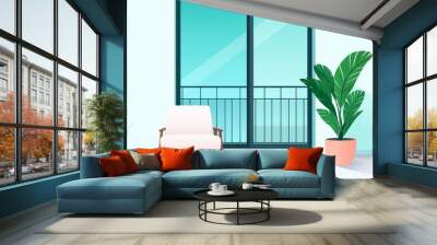 A cozy living room corner with a comfortable armchair, a potted plant, and a large window overlooking a balcony. Wall mural