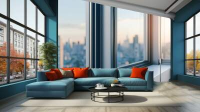 A modern window view showcasing a city skyline during sunset, capturing the beauty of urban architecture and natural light. Wall mural