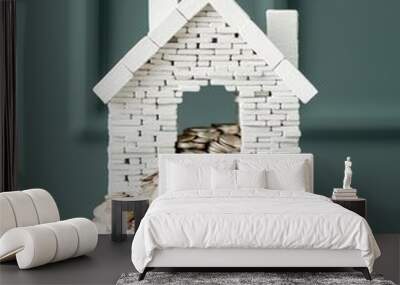 A small white house model sits atop a pile of silver coins, representing the cost of homeownership. Wall mural