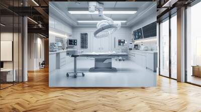 A sterile and modern operating room, with a surgical table, medical equipment, and an overhead light. Wall mural