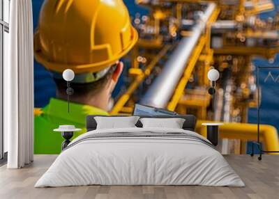 A worker in a hard hat and safety vest checks a tablet on an offshore oil rig. Wall mural