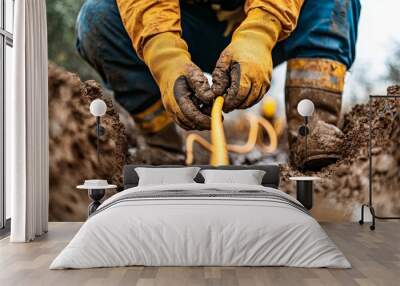 A worker in yellow gloves and boots lays a yellow cable in a muddy trench. Wall mural