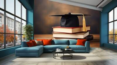 Black graduation cap on a stack of books. Wall mural