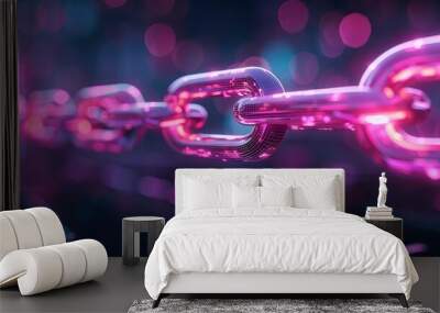 Close-up of glowing metallic chain link connections illuminated by neon pink and purple light on a dark blurred background. Wall mural