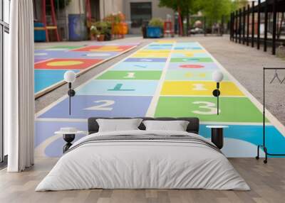 Colorful hopscotch grid painted on the sidewalk in front of a row of townhouses Wall mural