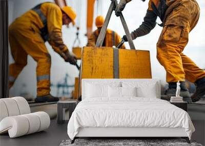 Dockworkers in yellow uniforms secure cargo with straps during loading operation. Wall mural