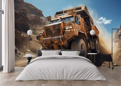 Large yellow mining truck hauls load up steep rocky road Wall mural