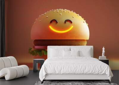 Smiling burger, 3D cartoon, sesame bun, isolated, frontal, appetizing glow , high detailed Wall mural