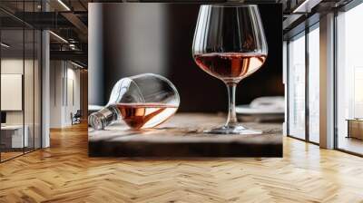 Two wine glasses, one filled with rose wine, on a wooden table with a blurred background. Wall mural