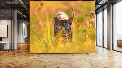 Cat in meadow, back lit by golden evening summer light Wall mural