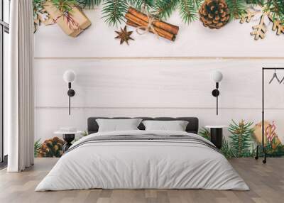 Christmas background with copy space, top view. holiday concept for you design on wooden table. Toned Wall mural