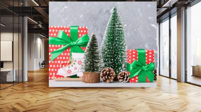 Christmas composition. craft Gift box, small tree, branches and craft DIY decorations on white background. New year concept. Christmas home decoration Flat lay, top view, copy space Wall mural