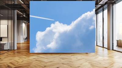 Close up of plane flying in the cloudy blue sky Wall mural