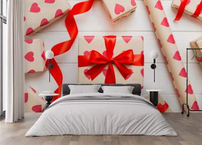 Creative gift box with decorations for the holiday, top view. Birthday and valentine present Wall mural