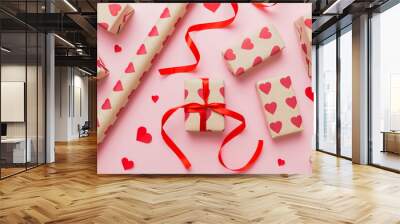 Creative gift box with decorations for the holiday, top view. Birthday and valentine present Wall mural