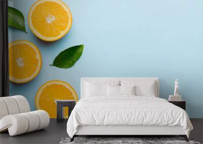 fresh Fruit orange slices on colored background. Top view. Copy Space. creative summer concept. Half of citrus in minimal flat lay with copy space Wall mural