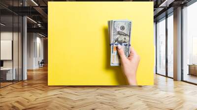 Pack of one hundred dollar bills in femle hands with copy space. Top view of money saving concept on colorful background Wall mural