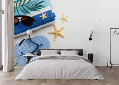 Summer vacation concept flat lay. beach accessories and towel top view. Space for text. travel concept Wall mural