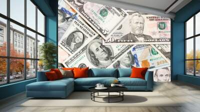 Top view of various dollar cash background. Different banknotes concept. Wealth and rich concept Wall mural