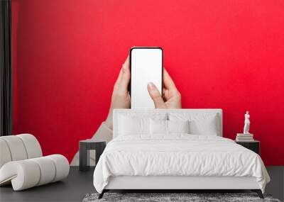 Top view of woman hands holding smart phone with blank copy space screen for your text message or information content. woman hand using phone white screen on top view Wall mural