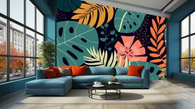 Modern colorful tropical floral pattern. Cute botanical abstract contemporary pattern. AI generated Wall mural