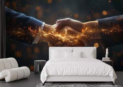 A businessman and businesswoman shake hands, with a spark flying between them, representing the energy and synergy of a successful partnership Wall mural