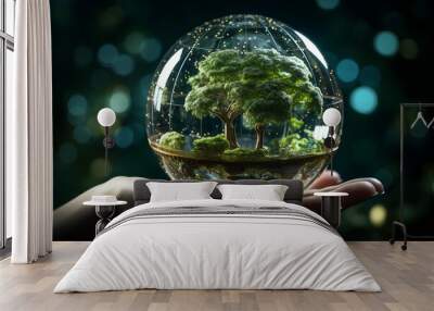 Earth crystal glass globe ball and growing tree in human hand Wall mural