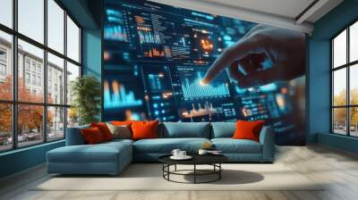 Hand interacting with digital data visualization on a futuristic touch screen. Technology and analytics concept for business Wall mural