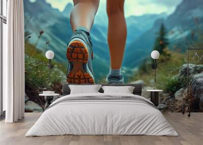 Hiking in the mountains. Female legs with sports shoes and backpack running on a trail mountain Wall mural